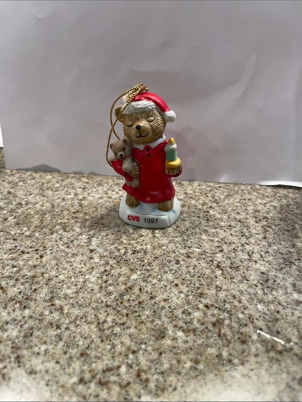 Vtg collectible CVS 1997 Red Santa Bear Ornament with Gold Cord